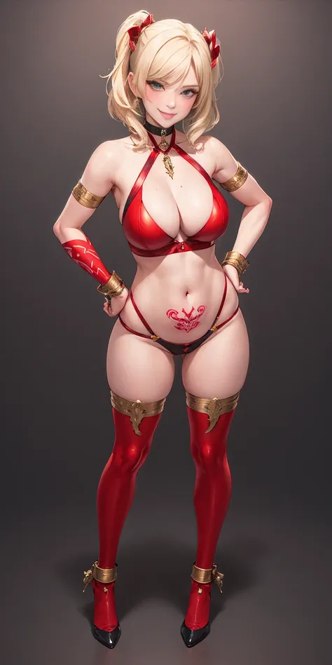 very white background, hands on hips. red tattoo on belly navel, full body female MILF BIMBO, lustful smirking smile face (red blush), metal shoulders, golden bracers sleeveless, black choker sex slave, blindolded