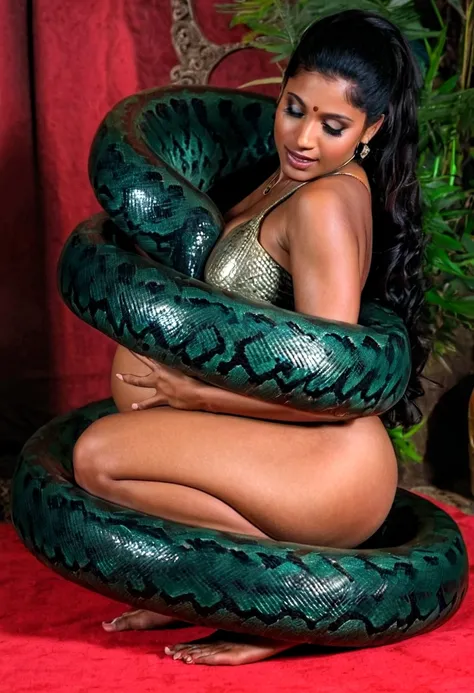  Pregnant Happy Horny, aroused 1girl), beautiful kneeling indian thick young teen girl  with  giant colossal black titanboa squeezing her hard, wrapped in thick spiraling coils, constricted, struggle, gasping for air, snake attack, snake peril, moonless ni...