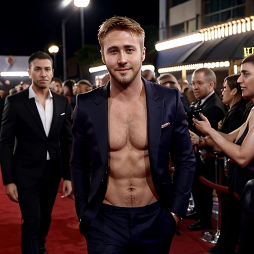 Ryan gosling goes shirtless in front of crowded people on Red carpet. He just wear the suit without Shirt inside. He smile