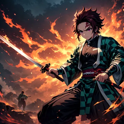 (1 male,tanjiro kamado),demon slayer,tanjiro costume,tanjiro has a sword,water and fire effects,intricate details,,decadent,artw...