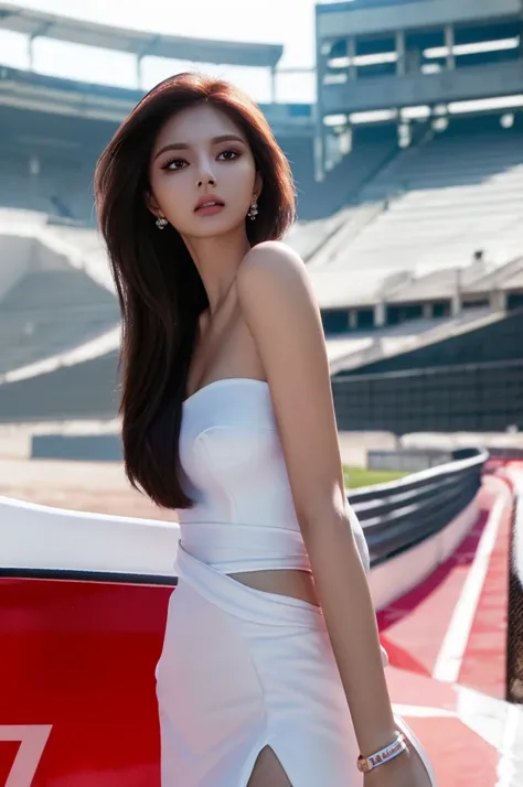 Tzuyu 1, woman, (Realistic), (Hyperrealism), (photoRealistic), Written boundary depth, eye make up:0.7 (whole body:1.2), (Large Bust),(Tight waist), Observe the audience,In the pits of a race track, Race Queen, A sexy dress with open shoulders and neckline