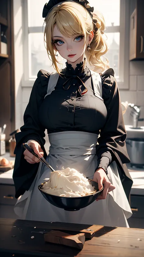 masterpiece, high quality, 4K, Beautiful design, silhouette，blonde， Highly detailed kitchen， wonderful, Finer details,  Very knowledgeable woman, Highly detailed solo, 1 female,Big Breasts，Gothic Lolita Fashion，Wearing a white apron，cooking，