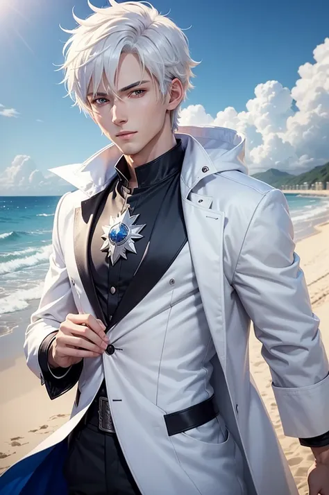 anime character with short hair and a white jacket, with white hair, anime handsome man, wearing kings crown, blue eyes, glowing eyes, royal styled, male anime character, 1boy, solo, suoh mikoto, the beach background, (day), smirk, cowboy shot, dynamic lig...