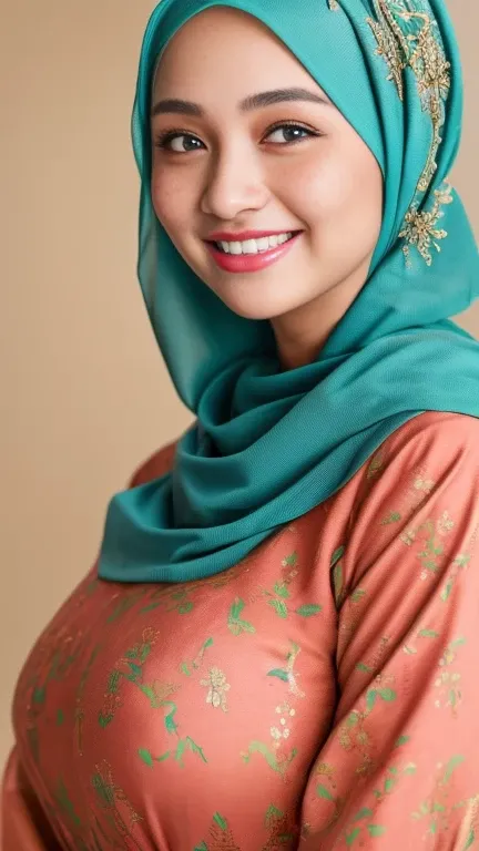 a photo portrait of a beautiful malay girl with turquoise hijab wearing floral turquoise color baju kurung and few freckles, (plain turquoise hijab), very big firm breast, white studio background, (medium shot portrait:1.3), dramatic light , smile, Rembran...