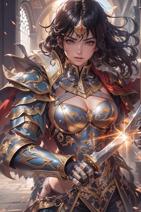 8K,paladin with sword,Gorgeous extra large armor(The elaborately crafted coat of arms of a nobleman),classy pants,ultra high resolution,surreal,realistic skin,Black hair short hair,big red eyes,muscular body,Purfluz,background,battlefield,ornate waist armo...