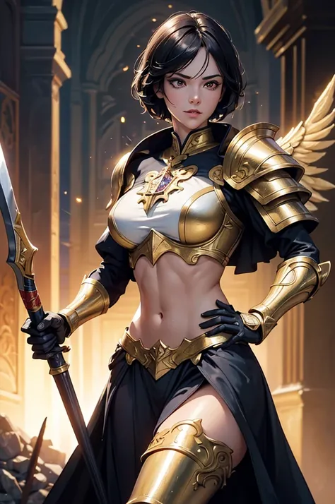 8K,paladin with sword,Gorgeous extra large armor(The elaborately crafted coat of arms of a nobleman),classy pants,ultra high resolution,surreal,realistic skin,Black hair short hair,big red eyes,muscular body,Purfluz,background,battlefield,ornate waist armo...