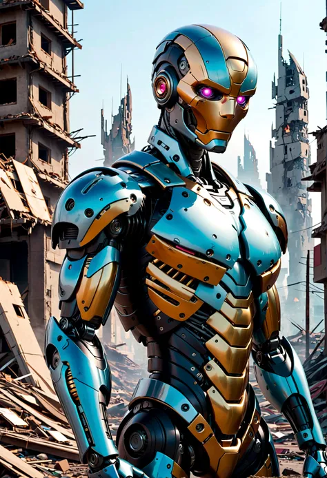 Highly sophisticated robots, Crossed arms in front of a destroyed city, Disgusted look, angry, anger, The bionic body is full of futuristic elements. 