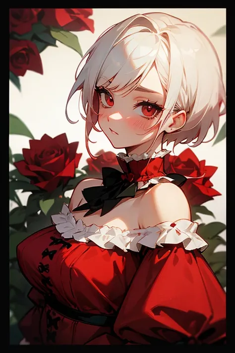 Short white hair, blush, one piece、Punk Fashion、Headbang 2.、Red clothes、Elegant Lolita、Victorian Maiden、Off the shoulder、background、A lot of red roses、