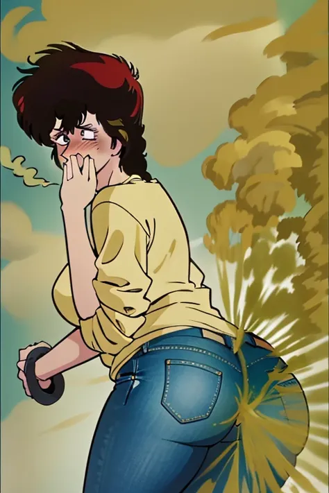 HD, high quality, high resolution, ultrahd,Kaori Makimura, 1female, wearing casual outfit, light green shirt, jeans, default hair, brown hair, very tall body, thin body, massive fart, yellow smoke, wide eyes, leaning, embarrassed, covering mouth with hand,...