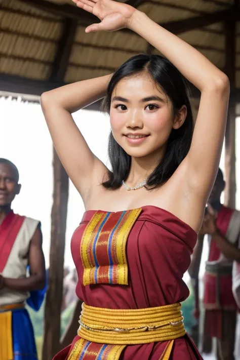 ((best quality)), ((masterpiece)), (detailed), perfect face, prefect clean skin,  young Floresian girl wear Sleeveless strapless Floresian traditional songke dress, Lawo Lambu, in front of Mbaru Niang, typical beauty of the Ende tribe, raised her hand and ...