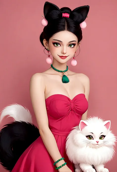 noble and elegant girl，beautiful face，beautiful eyes，pink eyeshadow，blush，smile，(((1 big, fluffy tail)))，black high bun，pink pom...