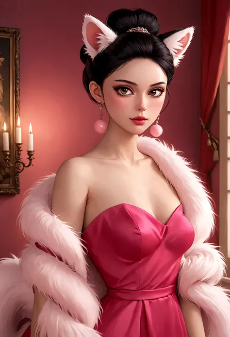 1girl, beautiful detailed face, beautiful detailed eyes, beautiful detailed lips, pink eyeshadow, blushing, (((fluffy furry big bushy tail))), black high bun hairstyle, pink fuzzy earrings, sexy red strapless dress, fur shawl, (best quality,4k,8k,highres,m...