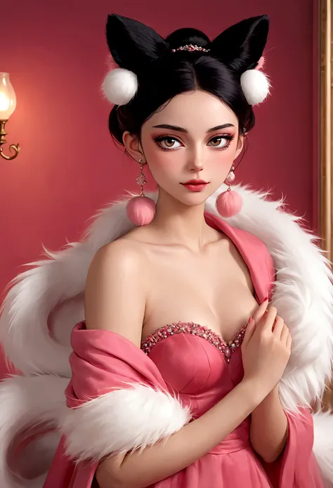 1girl, beautiful detailed face, beautiful detailed eyes, beautiful detailed lips, pink eyeshadow, blushing, (((fluffy furry big bushy tail))), black high bun hairstyle, pink fuzzy earrings, sexy red strapless dress, fur shawl, (best quality,4k,8k,highres,m...