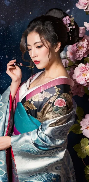 (Masterpiece, Best Quality:1.3), (thick lineart), (faux traditional media), highres, official art, best illustration, (8k resolution), oiran, 1girl, mature female, solo, japanese clothes, from above, breasts, obi, stylish, intricate, fantastic, fairytale, ...