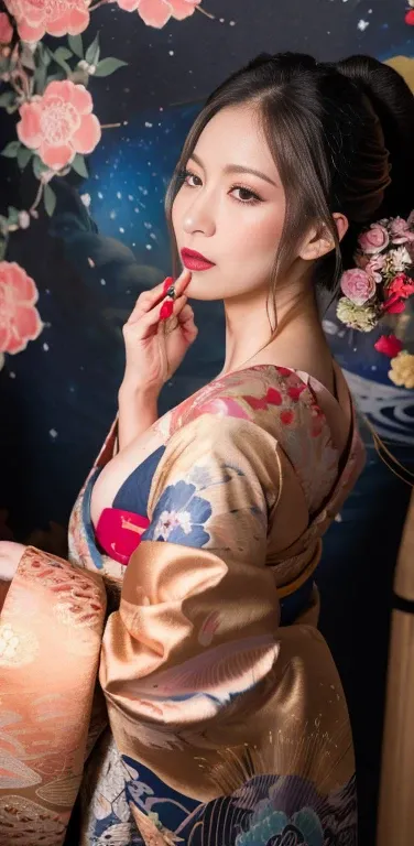 (Masterpiece, Best Quality:1.3), (thick lineart), (faux traditional media), highres, official art, best illustration, (8k resolution), oiran, 1girl, mature female, solo, japanese clothes, from above, breasts, obi, stylish, intricate, fantastic, fairytale, ...