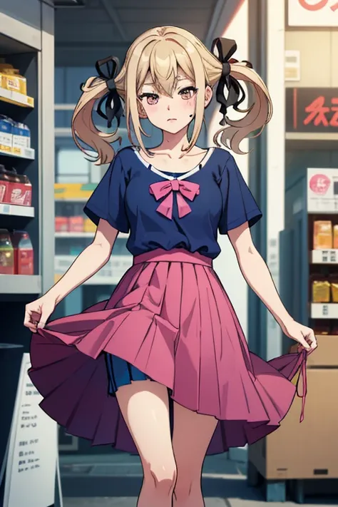 koujiro frau, hair ribbons, blue striped tshirt, striped, ((pink skirt)), ((long skirt))
masterpiece, best quality, absurdres, convenience store,