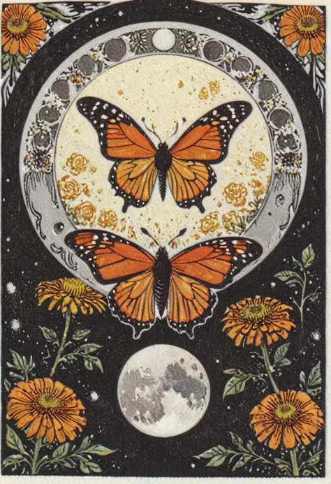 symmetric, balanced, monarch butterfly at the center of the moon surrounded by a frame of zinnia flowers, dark amber and gray co...