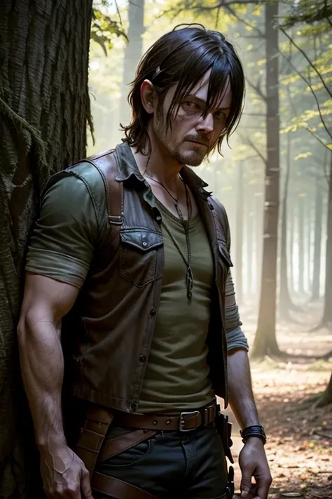 daryl dixon en el bosque matando un zombie 