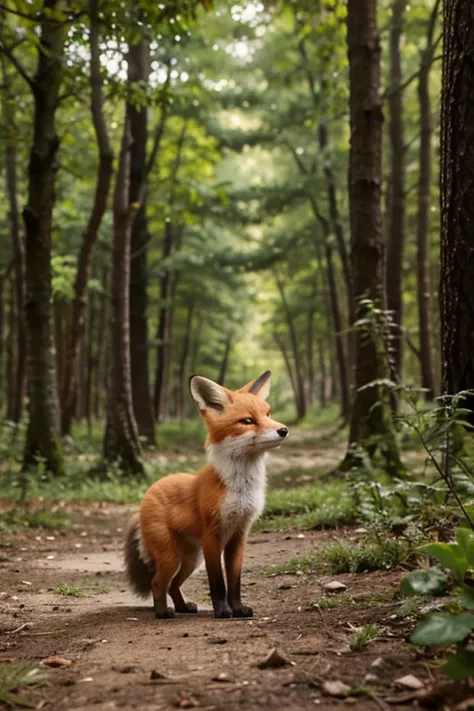 Little fox looking for prey in a beautiful forest. Meets forest friends and rejoices