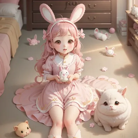 (Extremely cute and exquisite CG illustrations, Super Fine、Ultra-high quality),A lovely girl，Chinese ，Wearing rabbit ears，Pink clothes，play with dog，Happy and playful