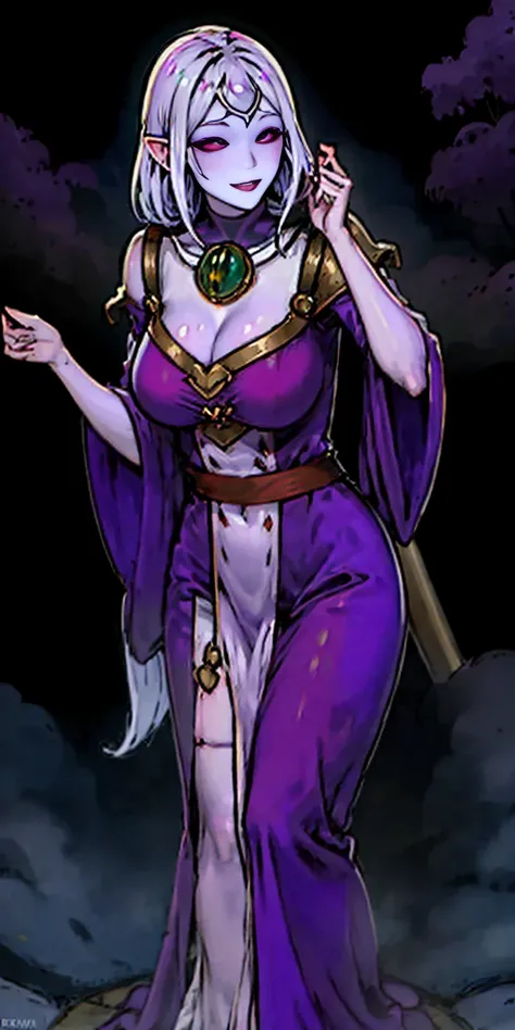 Body position: Standing, straight, symmetrical, barefoot, Lustful smile on face with red blush, 2 girls who gets married and stands in front of many people, kissing, purple skin drow elves (Female drow elf chest covered very purple skin)(smile) pale golden...