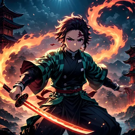 (1 male,tanjiro kamado),demon slayer,tanjiro costume,tanjiro has a sword,water and fire effects,intricate details,,decadent,artw...