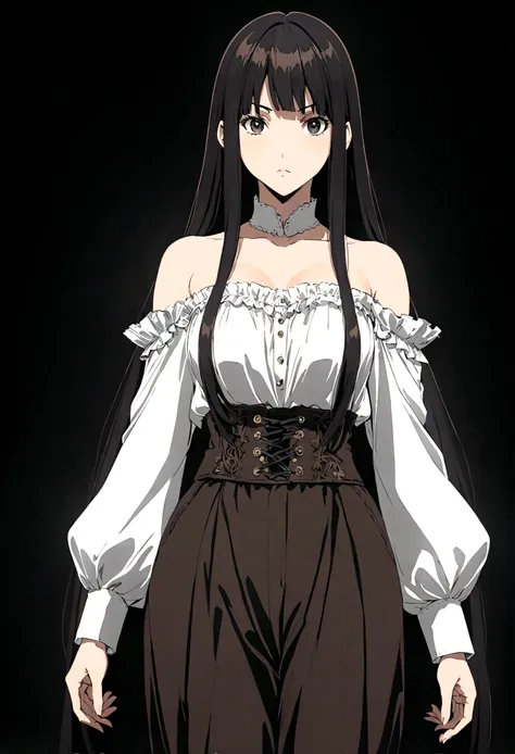 30-year-old anime woman, long black hair, serious, black eyes, wears old-fashioned clothing, black baggy pants, black boots, white blouse with long sleeves and exposed shoulders, powers of darkness, dark background. 