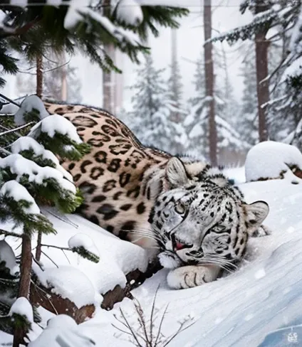 A giant snow leopard, white with grey and blue spotted, 3 giant fangs in the lower part of the mouth, photorealistic, 8k, uhd, masterpiece, in a snow land in the edge of a forest