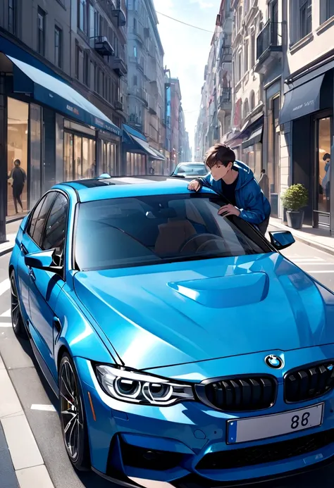 A boy looking for a blue BMW, m3 g80 in the city