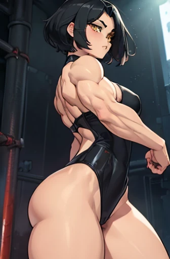 best quality (((((girl muscular thick thighs))))) (full black lingerie from behind) pale skin black hair yellow eyes short hair angry wet