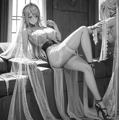 anime dolls sexy showing off her nice body on the couch in front of some windows and girl standing lewed in front of the doorway, girl pinup having fun arafed woman veil anime barbie in white stockings grayscale phtoto made with anime painter studio backgr...