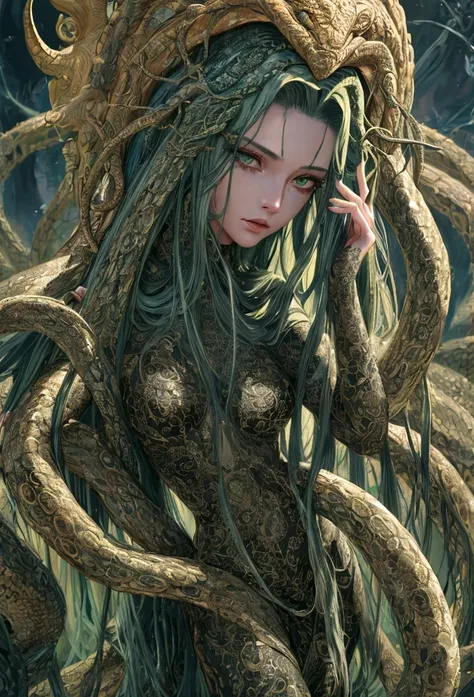 ((best quality)), ((masterpiece)), ((realistic)), Medusa, full body, the hair is composed of countless small snakes, green eyes, female face, metal carved top, royal aura, trend on artstation , sharp focus, studio photo, intricate detail, very detailed, de...