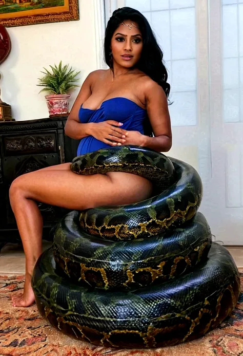  Pregnant Happy Horny, aroused 1girl), beautiful kneeling indian thick young teen girl  with  giant colossal black titanboa squeezing her hard, wrapped in thick spiraling coils, constricted, struggle, gasping for air, snake attack, snake peril, moonless ni...