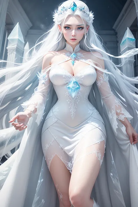 a beautiful ice goddess, good face, happy face, very long hair, realistic eyes, ice magician, ice elemental, intricate design and details, chilling mist, cold, blizzard storm, conjuring ice spell, casting ice spell, detailed dress, (white dress:1.5), reali...