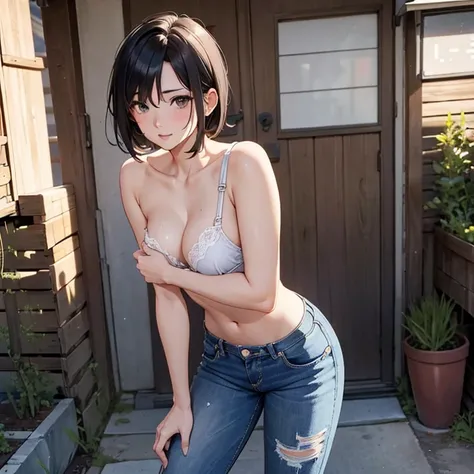 Adult、sexy、lady、orgasm、麗しい顔だちなジャパニーズスーパーlady、Inducing puberty just before puberty, outdoor summer, nipple erection induction, tight 7/8 length jeans showing the lower abdomen, black hair, 37 year old Japanese model, erect penis inducement pose, standing al...