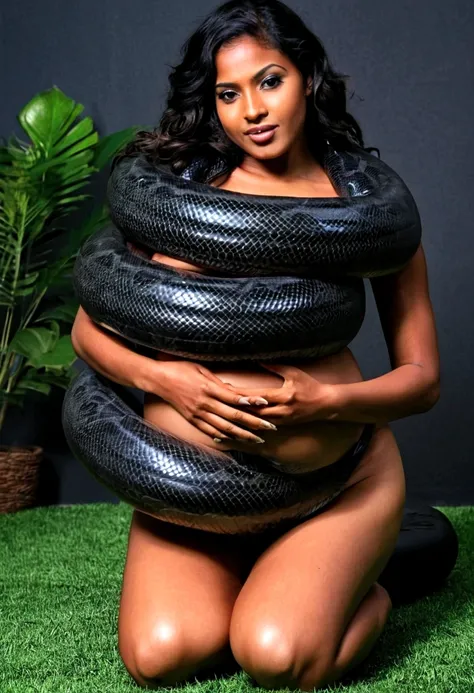  Pregnant Happy Horny, aroused 1girl), beautiful kneeling indian thick young teen girl  with  giant colossal black titanboa squeezing her hard, wrapped in thick spiraling coils, constricted, struggle, gasping for air, snake attack, snake peril, moonless ni...