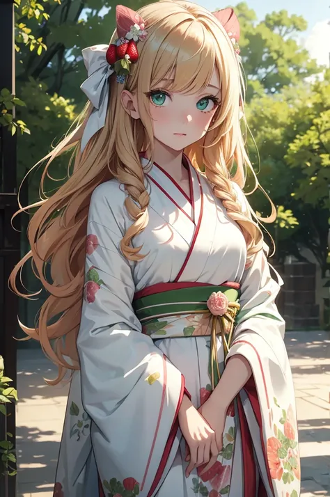 8K, Best Quality, Masterpiece, Ultra High Resolution, 1 Girl, Beautiful Eyes, Light Green Eyes, Face Details, Strawberry Blonde, Long Hair, Hair Bow, White Kimono, Pastel Kimono Pattern, Standing Outside, Pale Skin, Masterpiece, Best Quality, Upper Body, L...