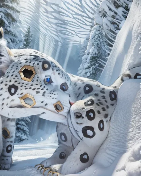 A giant snow leopard, white with grey and blue spotted, (3 giant fangs in the lower part of the mouth), photorealistic, 8k, uhd, masterpiece, in a snow land in the edge of a forest