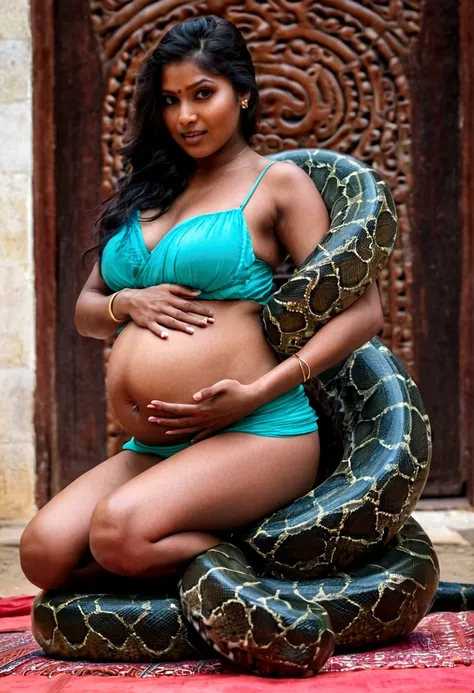  Pregnant Happy Horny, aroused 1girl), beautiful kneeling indian thick young teen girl  with  giant colossal black titanboa squeezing her hard, wrapped in thick spiraling coils, constricted, struggle, gasping for air, snake attack, snake peril, moonless ni...