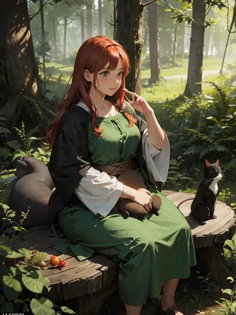 1 cute chubby brown-eyed red-haired girl 22 years old in a medieval dress(brown and green colors), sitting on a stump in the middle of a forest clearing(thoughtful expression), A well-fed erect black cat stands nearby(cat-Hippopotamus:1.1)(walking on hind ...