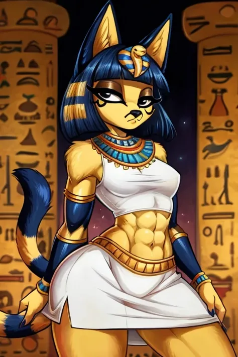 ((best quality)), ((masterpiece)), (detailed), a digital artwork of ankha with abs wearing a crop top of her white sleeveless dress with white long dress skirt, a bare midriff and a bare navel, Egyptian setting, tail, blue Egyptian handbands, furry, anthro...