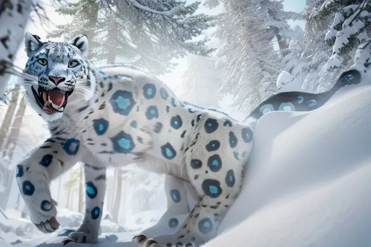 A giant snow leopard, white with grey and blue spotted, (3 giant fangs in the lower part of the mouth), photorealistic, 8k, uhd, masterpiece, in a snow land in the edge of a forest