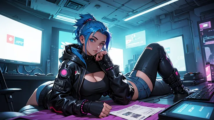 Uma garota de 16 anos, com cabelo azul claro e olhos azuis, com roupas cyberpunk. She is in her cozy and relaxing cyberpunk style room.
