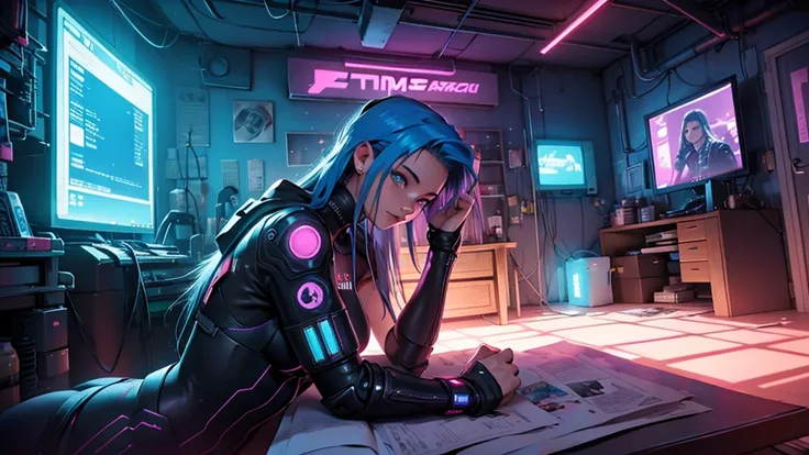 Uma garota de 16 anos, com cabelo azul claro e olhos azuis, com roupas cyberpunk. She is in her cozy and relaxing cyberpunk style room.
