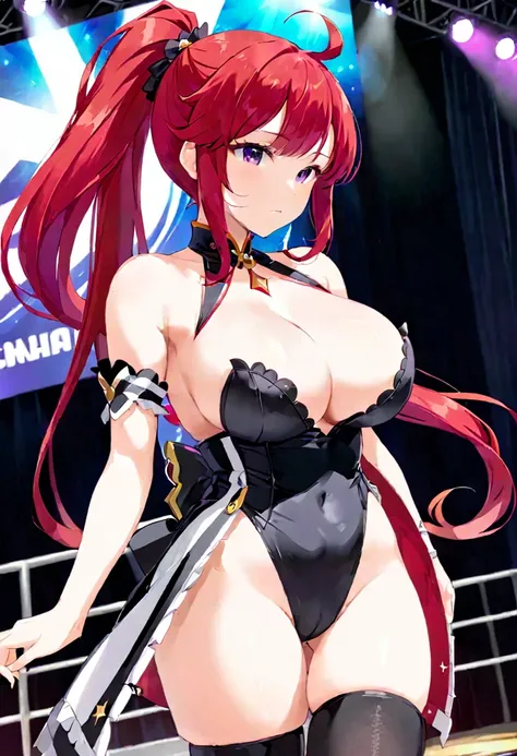 ASAMIKEI, red HAIR, PONYTAIL, LONG HAIR, SIDELOCKS, PURPLE EYES,, large breasts, live stage,  solo nipple 