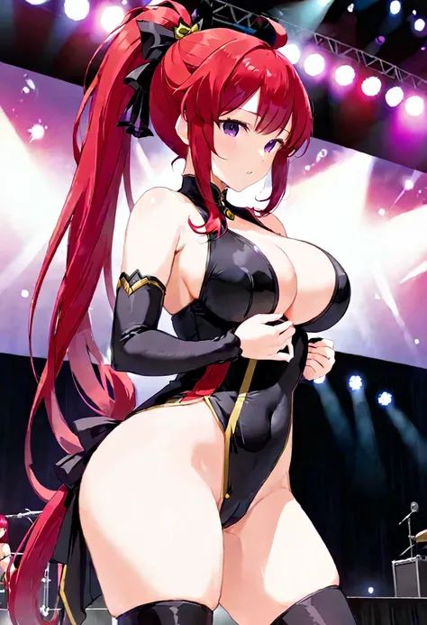 ASAMIKEI, red HAIR, PONYTAIL, LONG HAIR, SIDELOCKS, PURPLE EYES,, large breasts, live stage,  solo nipple 