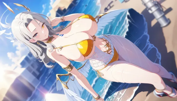 translucent, Good velvet quality, Compared, Divine Light,, Silver gray hair, Sky background, Absolute Strength,Female angels，With wings，Wear sexy bikinis的女孩, at the seaside, Colorful jewel-like eyes.，Large Breasts，Full breasts，Golden ratio figure，Perfect b...