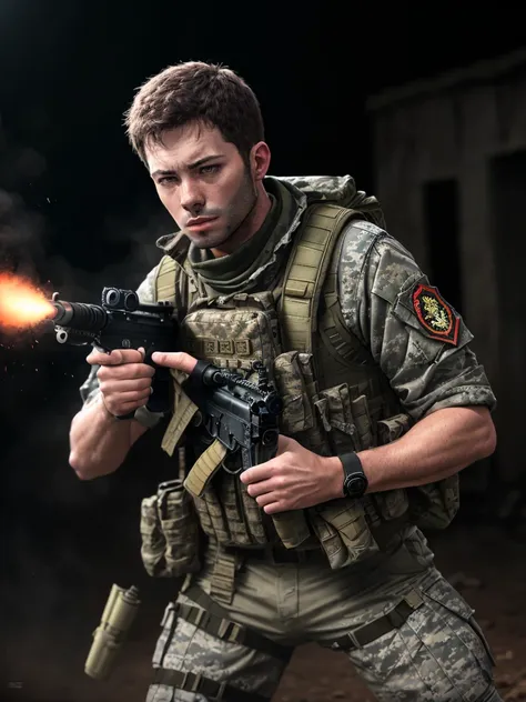 a mercenary man with brown hair and hazel eyes, wearing a bullet belt, combat boots and a red bandana, angrily aiming and firing...