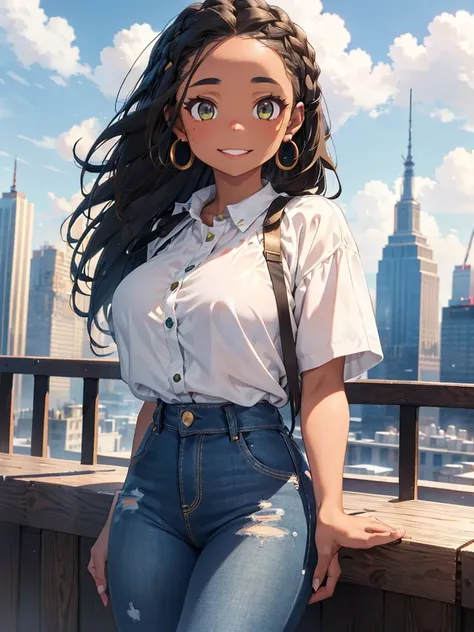 Girl with black skin, braided brown hair, Box braids, green eyes, smiling, black bra, white blouse, big circle gold earrings, freckles, big lips, on a rooftop, nyc skyline in the background, blue skies big clouds Wearing extremely tight jeans, extremamente...