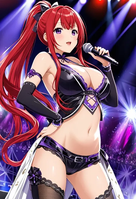 ASAMIKEI, red HAIR, PONYTAIL, LONG HAIR, SIDELOCKS, PURPLE EYES,, large breasts, live stage,  solo nipple 